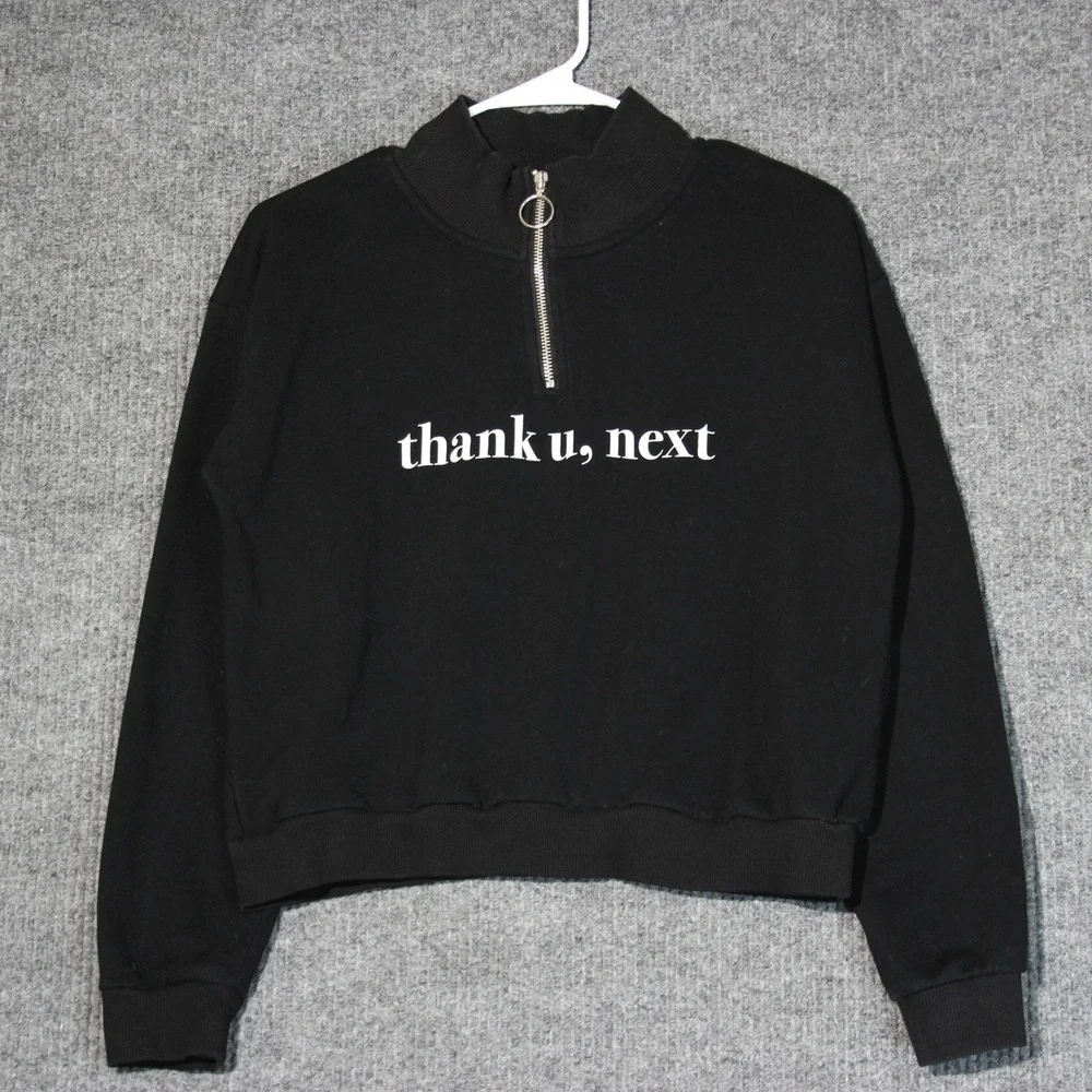 HM Ariana Grande Thank U Next Black 1/4 Zip Pullover Sweatshirt Cropped Youth 14